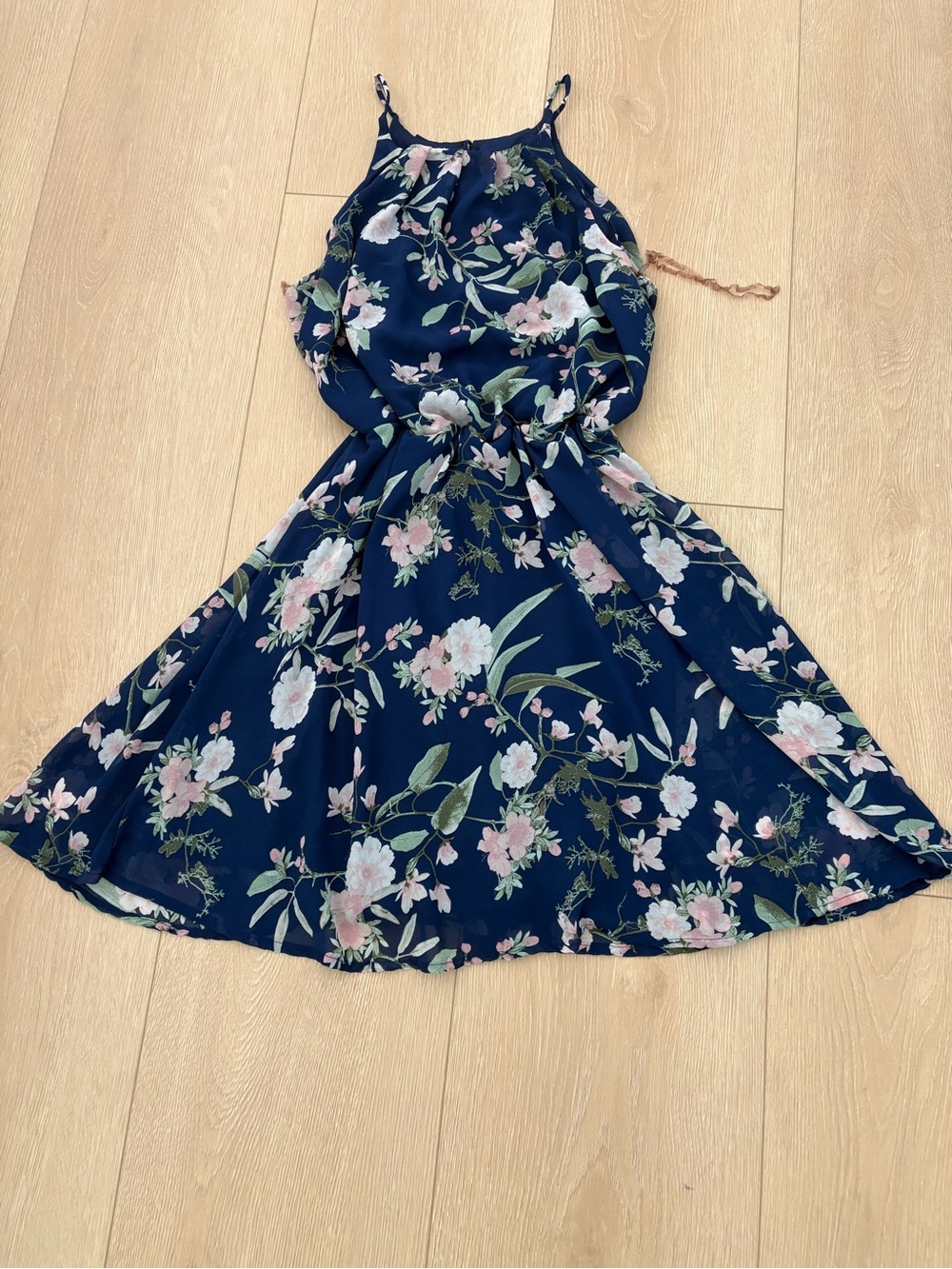 Floral Navy Midi Dress with Pink Blossoms